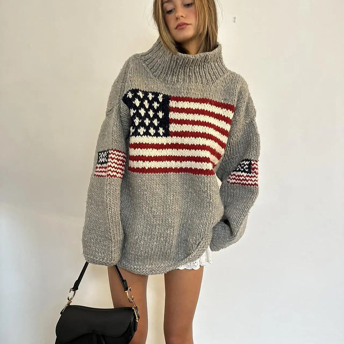 Women's Chunky Turtleneck Sweater American Flag Jacquard
