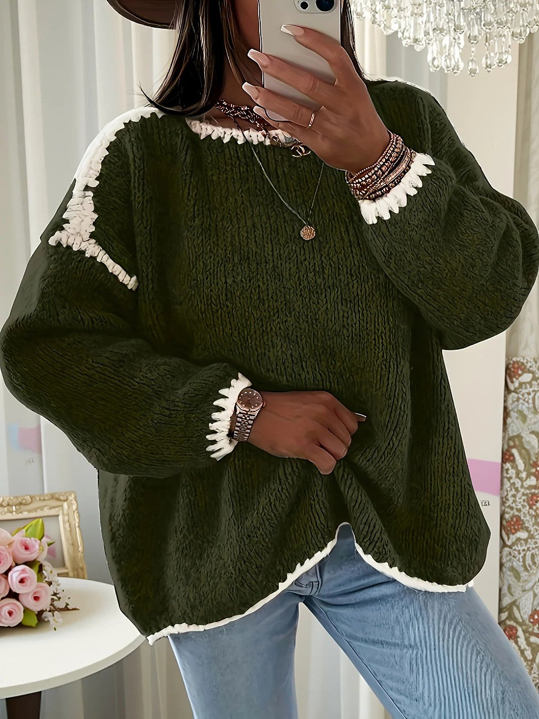 Women's Oversized Fuzzy Crewneck Sweater Contrast Cuffs
