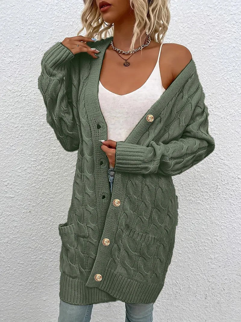 Women's Longline Cable Knit Cardigan Button Front