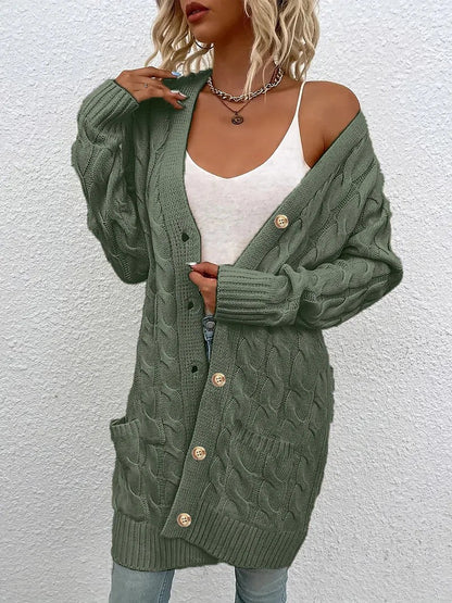 Women's Longline Cable Knit Cardigan Button Front