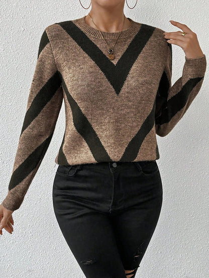 Women's Chevron Intarsia Pullover Sweater Ribbed Cuffs