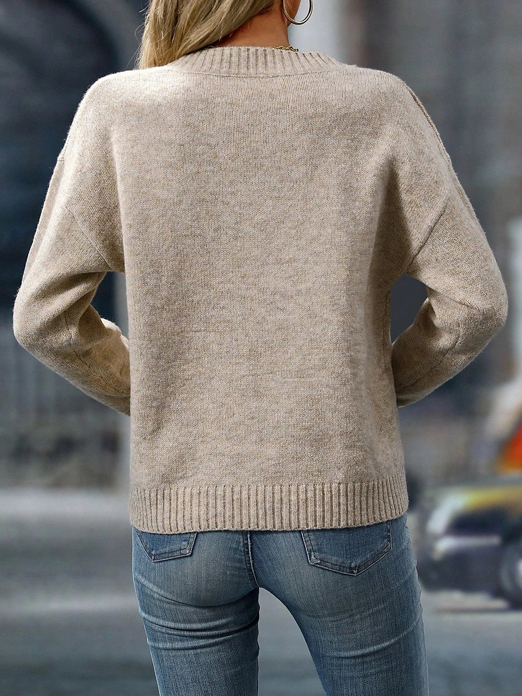 Women's V Neck Pullover Sweater Rib Cuffs