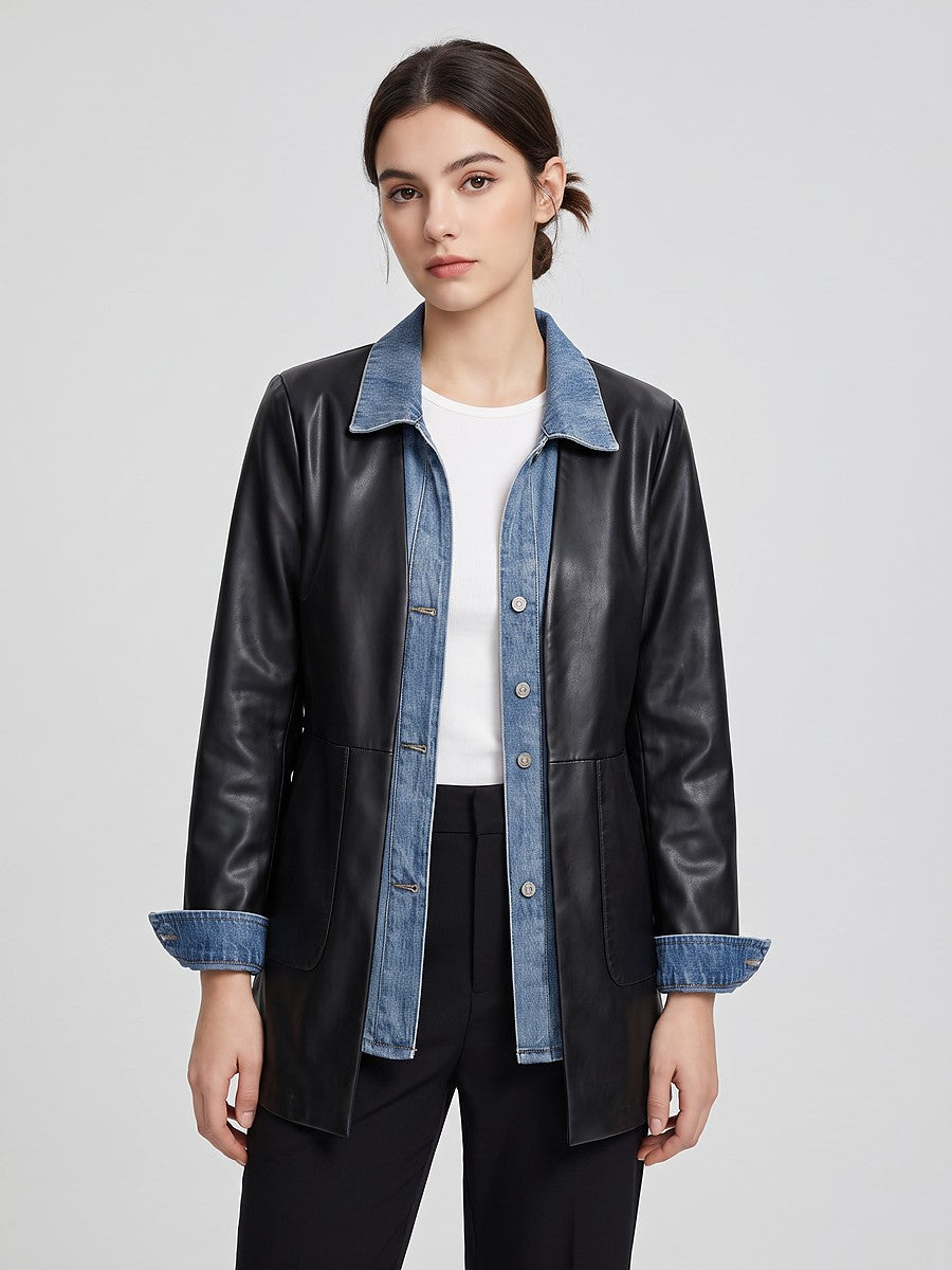 Women's Faux Leather Denim Panel Fall Jacket