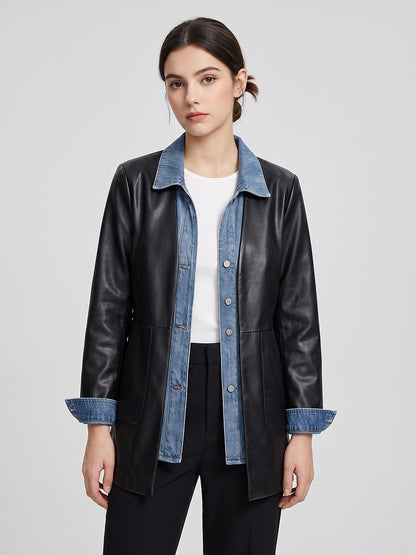 Women's Faux Leather Denim Panel Fall Jacket