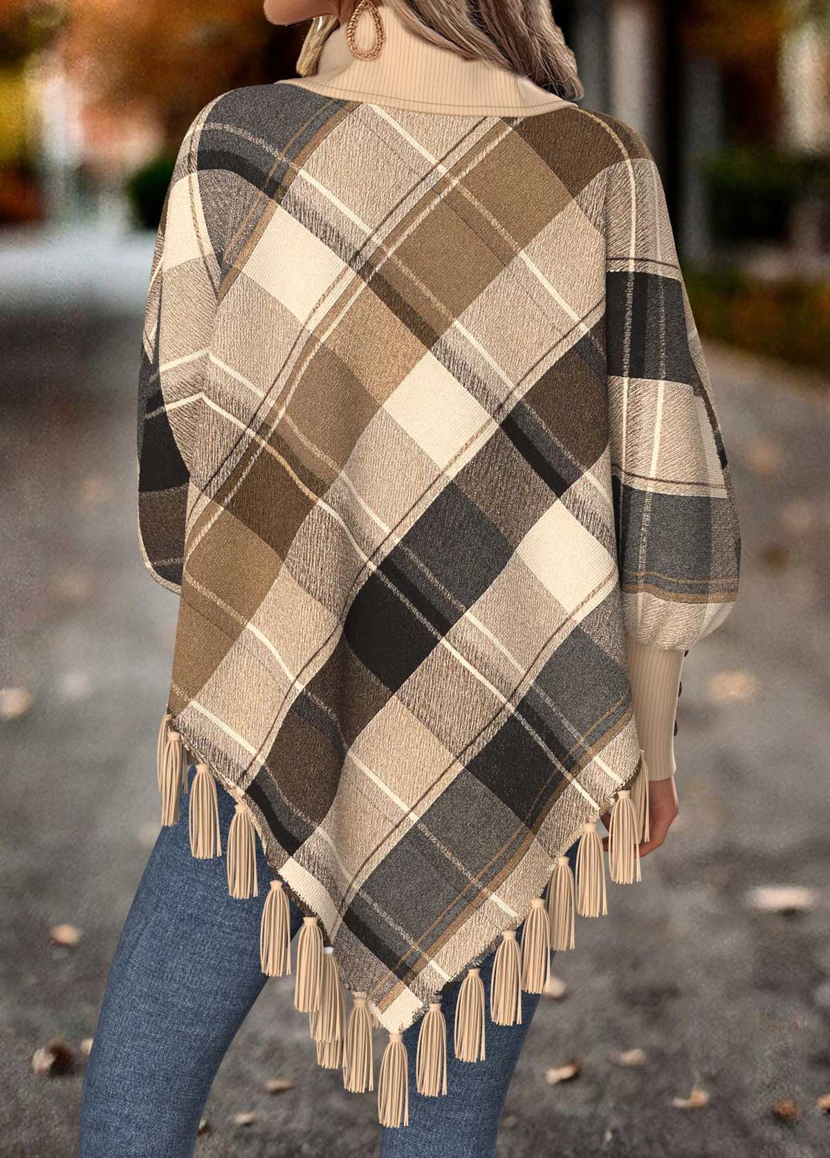 Women's Plaid Fringe Poncho Cape for Fall