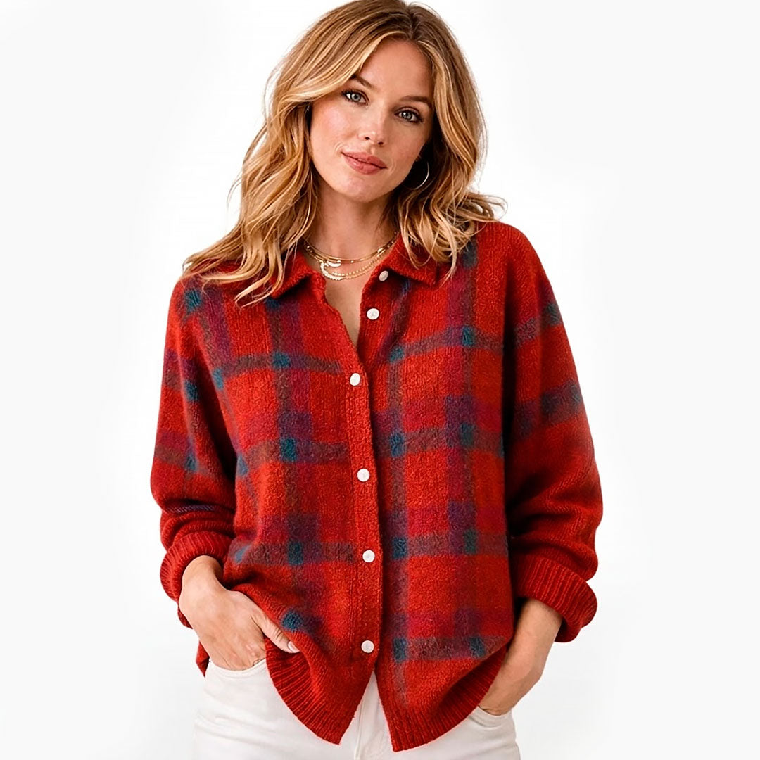 Damen Karierte Strickjacke mit Reverskragen und Knöpfen Jully
