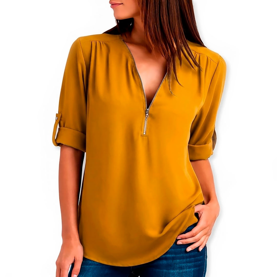 Damen V-Ausschnitt Bluse mit Reißverschluss Jully