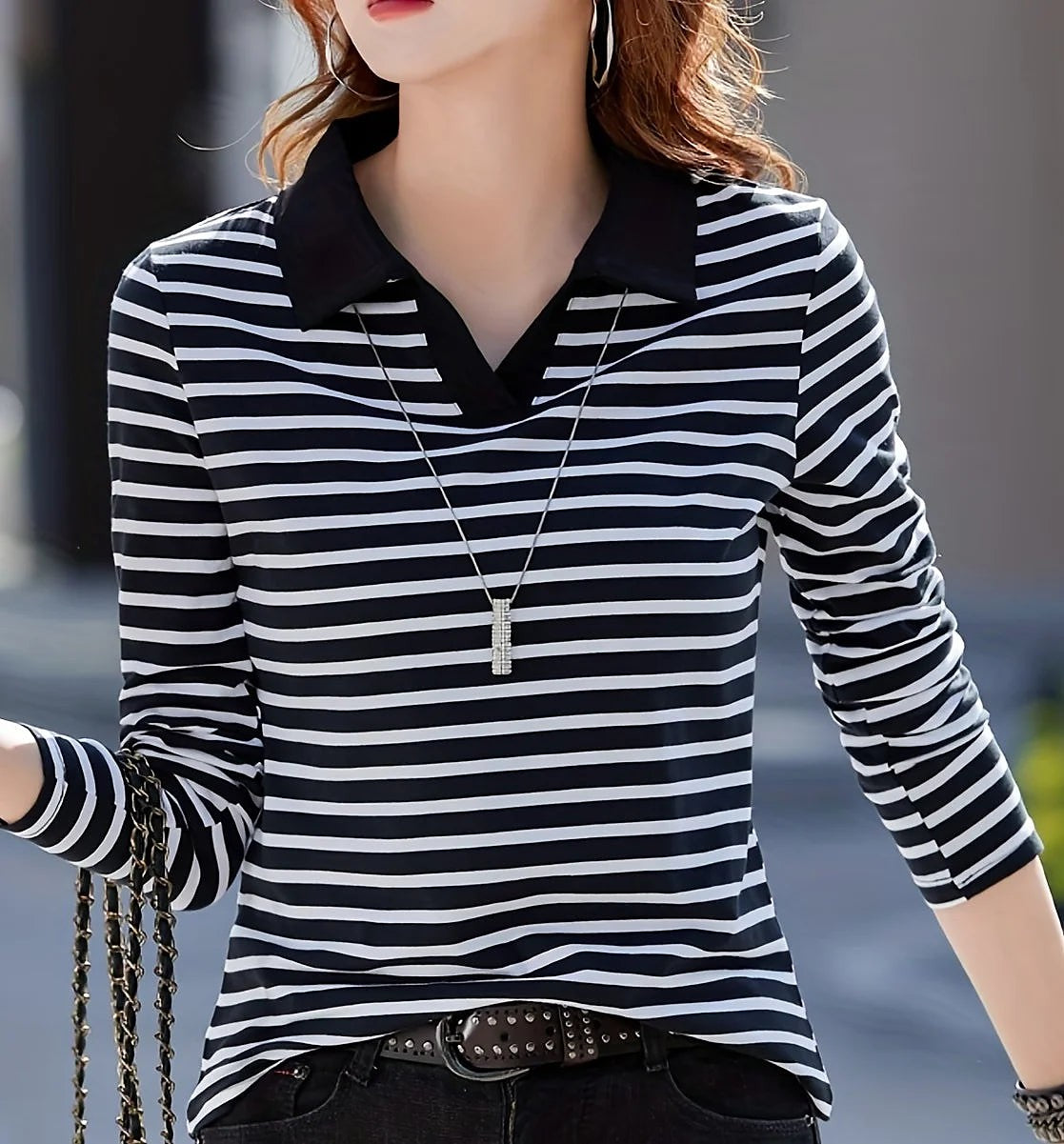 Women's Striped Rugby Shirt Contrast Collar