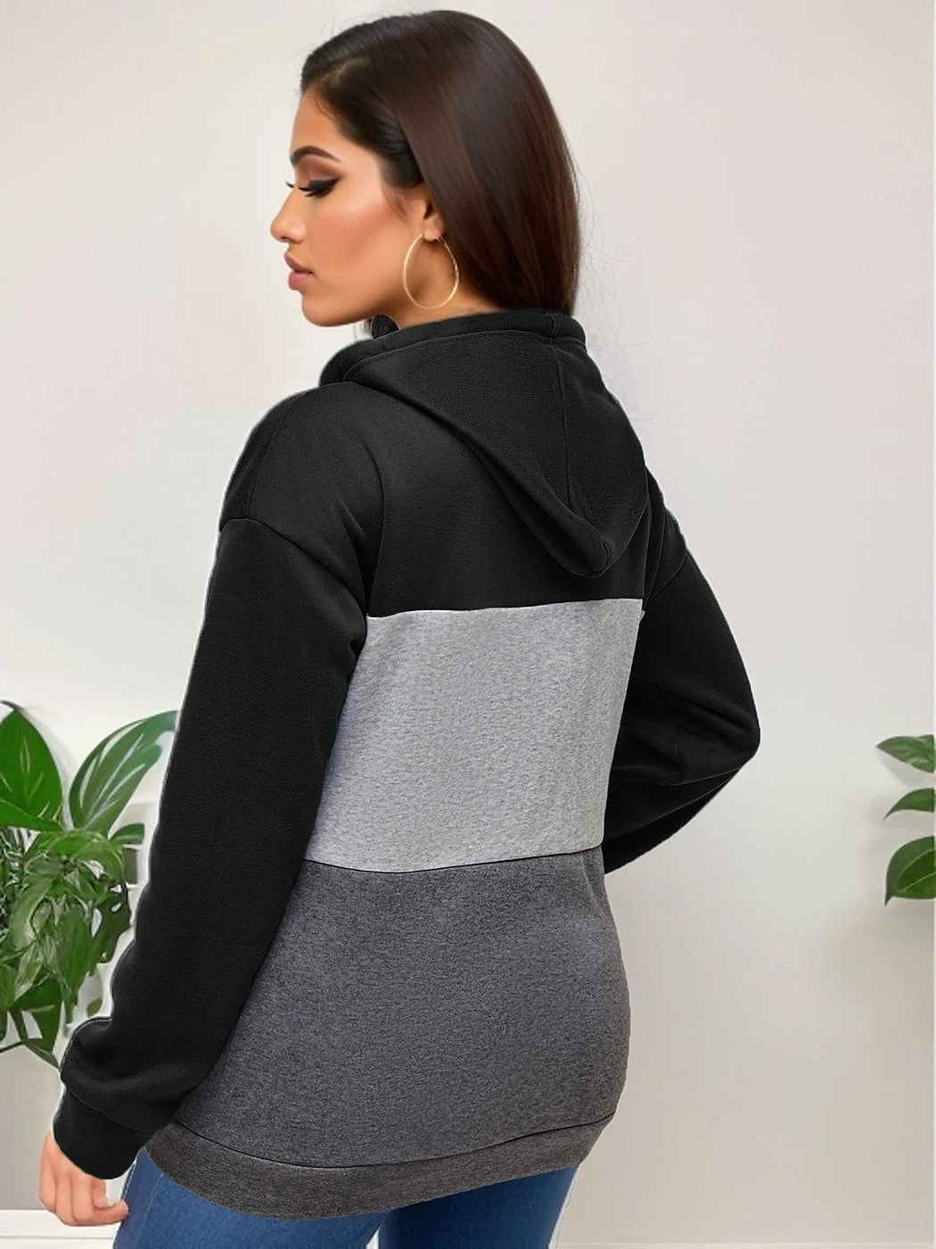 Women's Color Block Fleece Hoodie Kangaroo Pocket