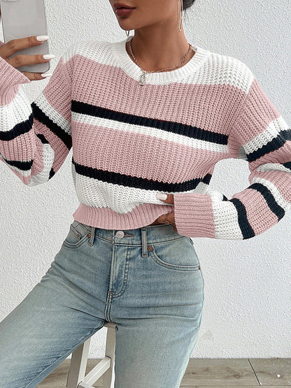 Women's Striped Chunky Rib Sweater Puff Sleeve