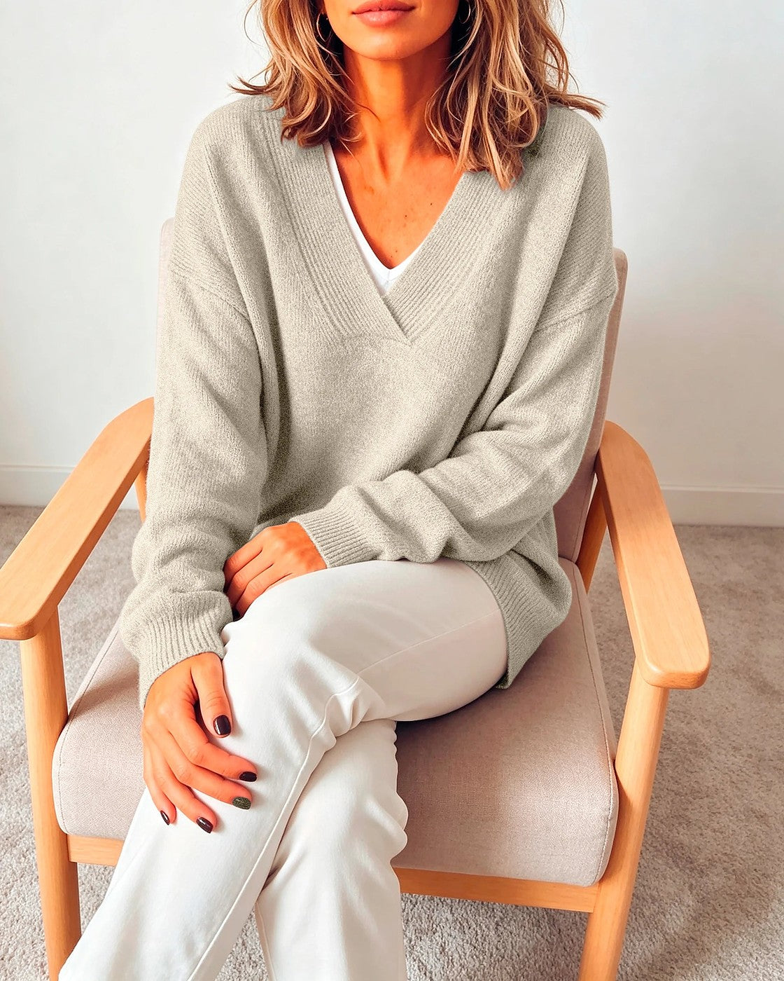 Women's Soft Knit Oversized V Neck Shoulder