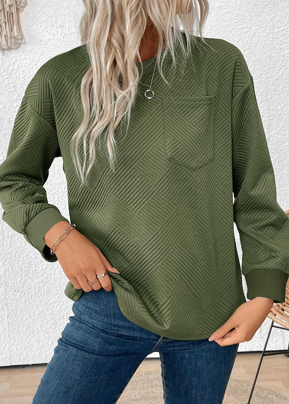 Women's Embossed Jacquard Crewneck Fall Sweatshirt