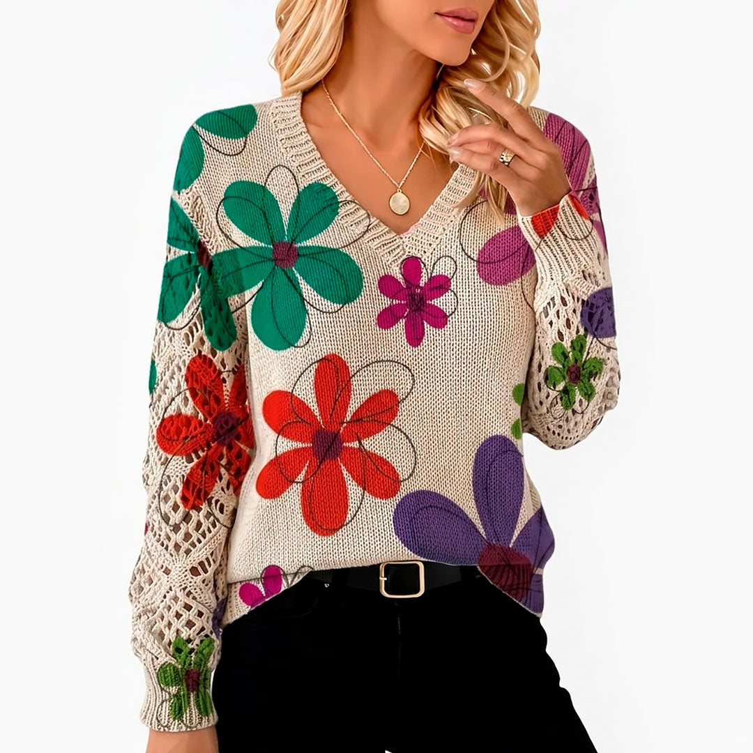 Damen Strickpullover mit Blumenmuster und V Ausschnitt Jully