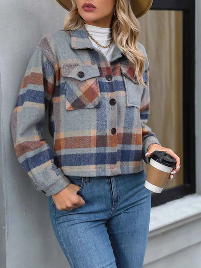 Women's Soft Knit Cropped Plaid Shirt Pockets