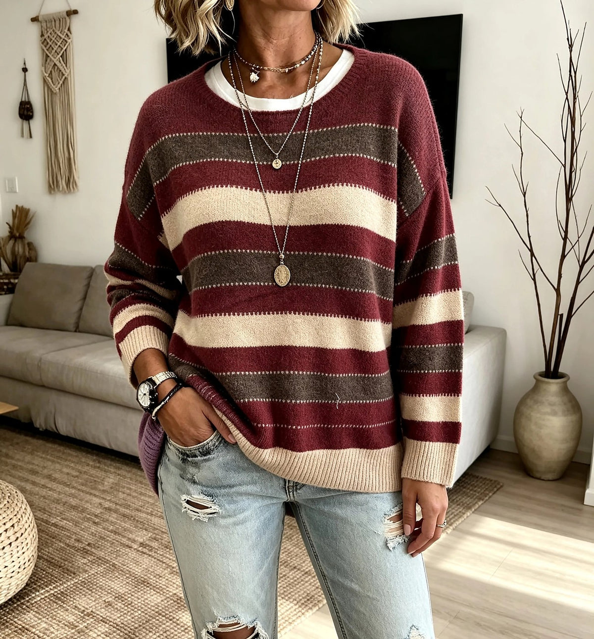 Women's Striped Crew Neck Sweater Drop Shoulder