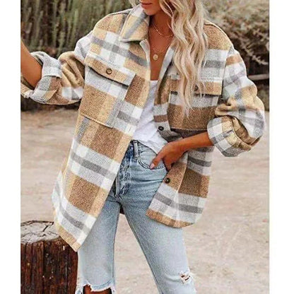Women's Plaid Shacket Button Front Chest Pockets