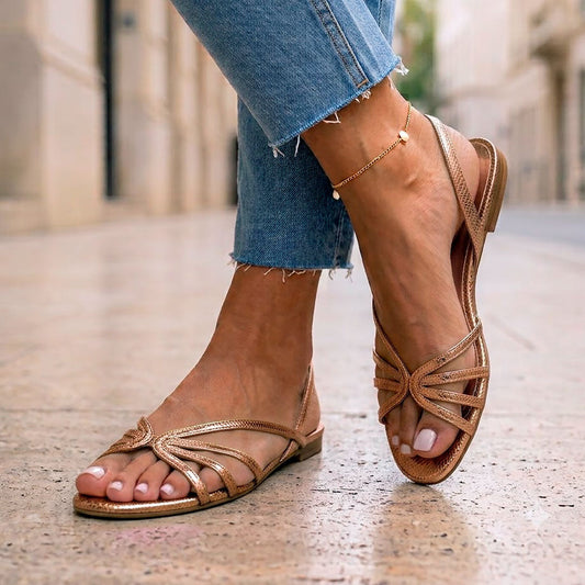 Damen Flache Sandalen geflochten mit offener Spitze Jully Roségold