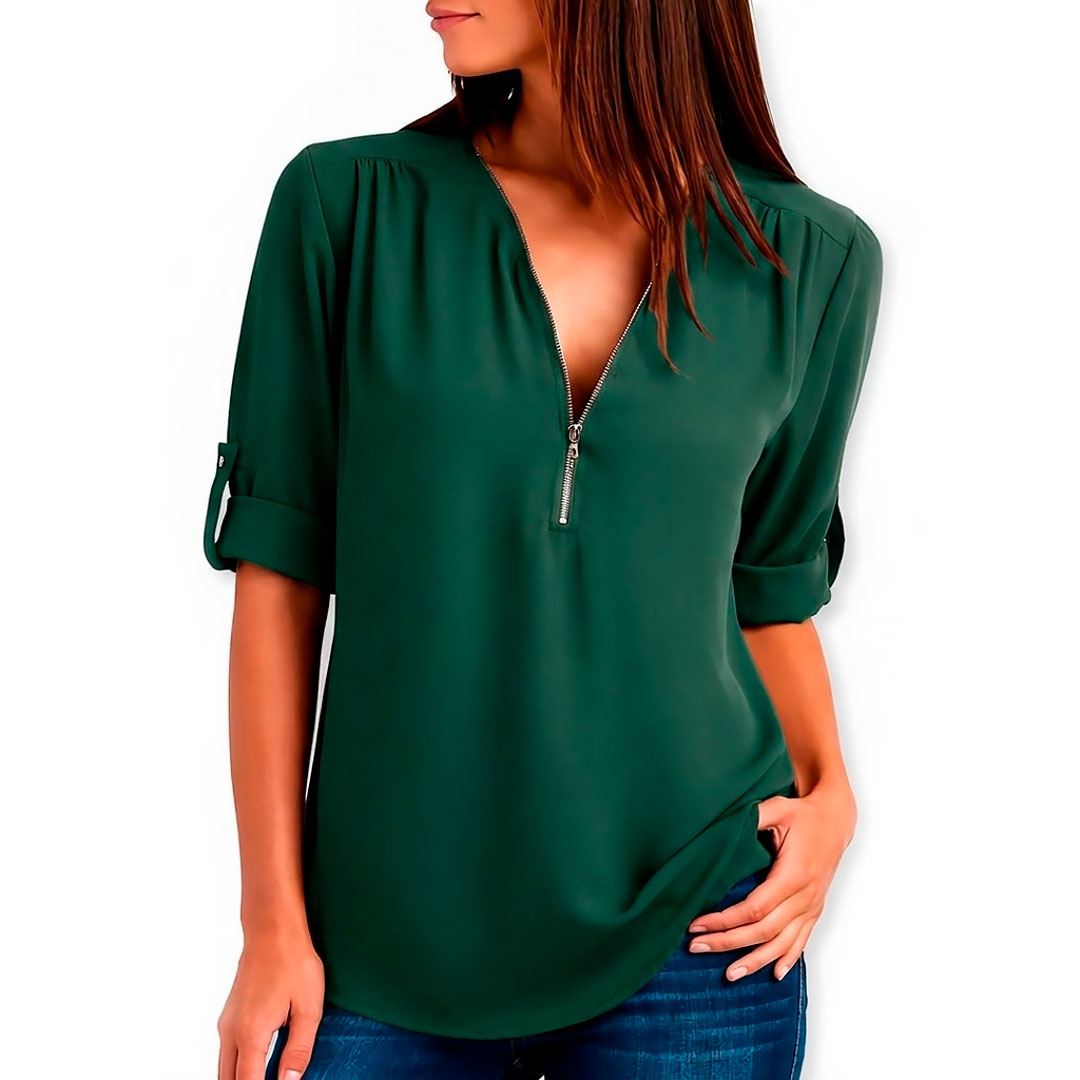 Damen V-Ausschnitt Bluse mit Reißverschluss Jully