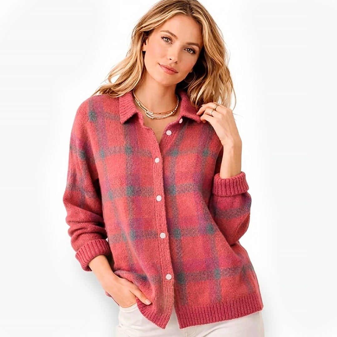 Damen Karierte Strickjacke mit Reverskragen und Knöpfen Jully
