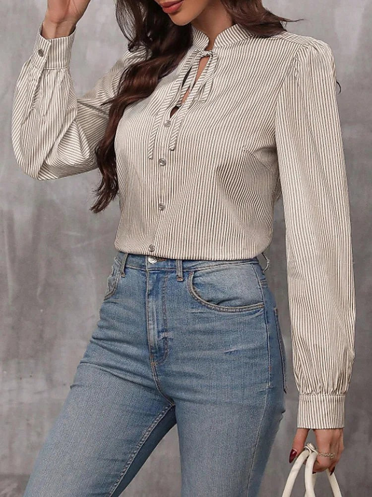 Women's Soft Knit Striped Blouse Tie Sleeve