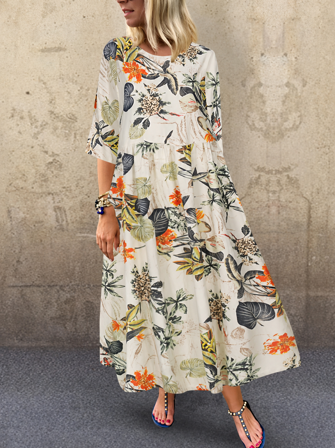 Damen Sommerkleid mit Blumendruck und Dreiviertelärmeln Jully