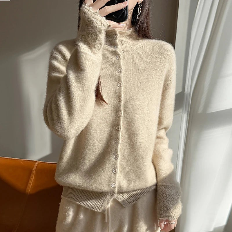 Women's Fuzzy Brushed Cardigan High Neck Buttons