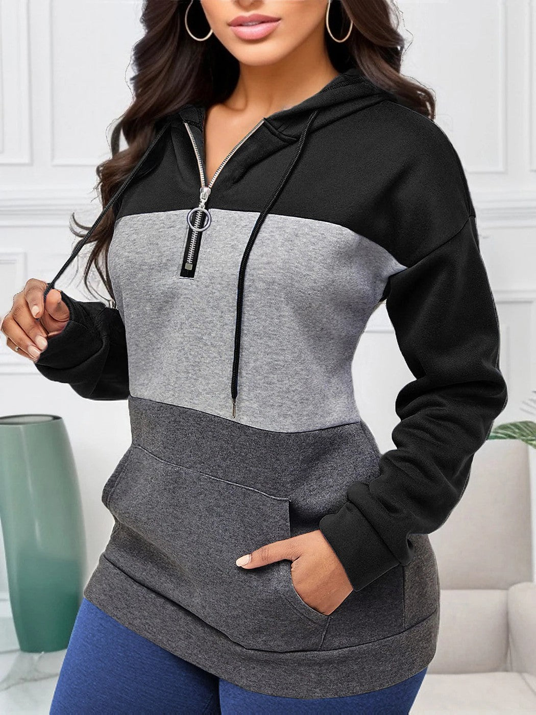Women's Color Block Fleece Hoodie Kangaroo Pocket