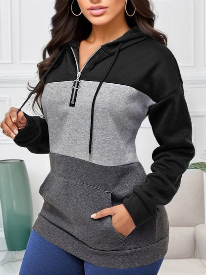Women's Color Block Fleece Hoodie Kangaroo Pocket