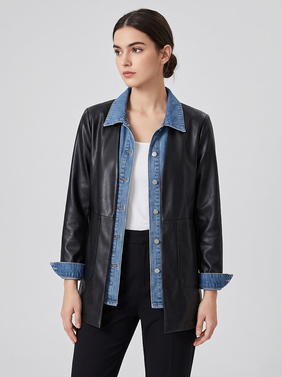 Women's Faux Leather Denim Panel Fall Jacket