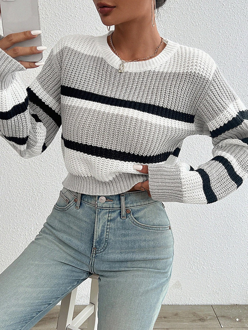 Women's Striped Chunky Rib Sweater Puff Sleeve