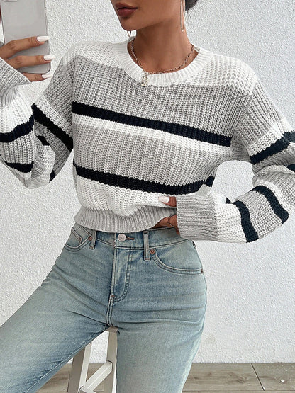 Women's Striped Chunky Rib Sweater Puff Sleeve