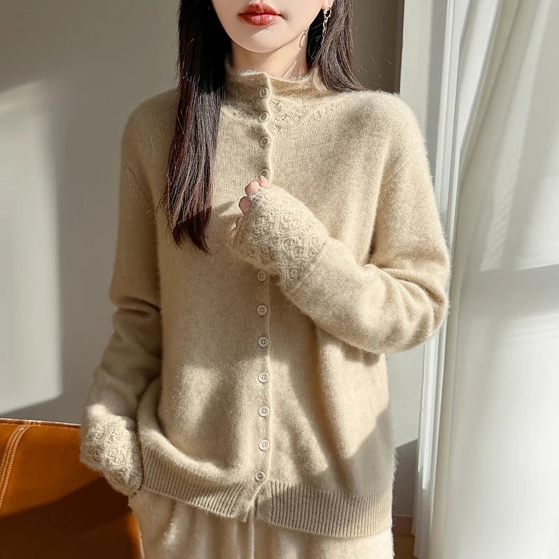 Women's Fuzzy Brushed Cardigan High Neck Buttons