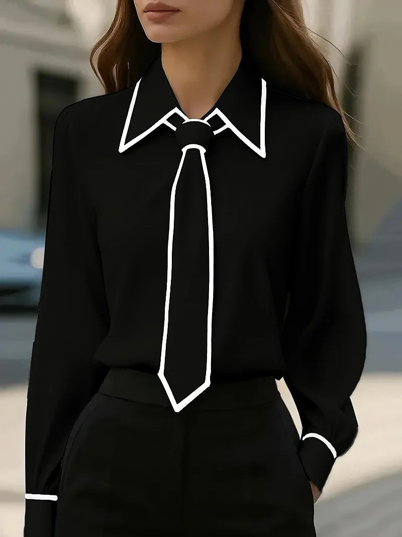 Women's Necktie Button Up Shirt Contrast Piping