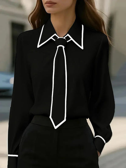 Women's Necktie Button Up Shirt Contrast Piping