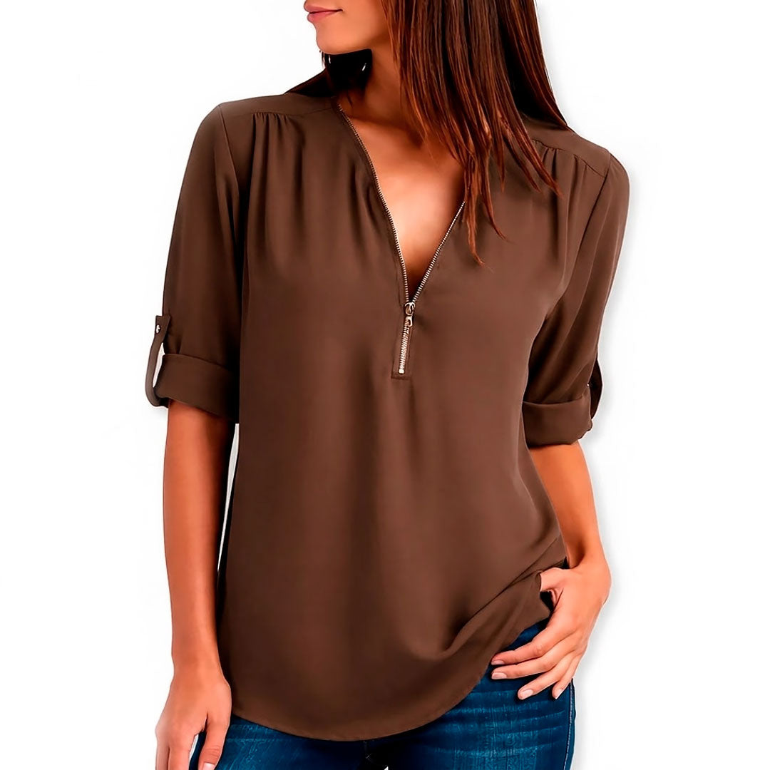 Damen V-Ausschnitt Bluse mit Reißverschluss Jully