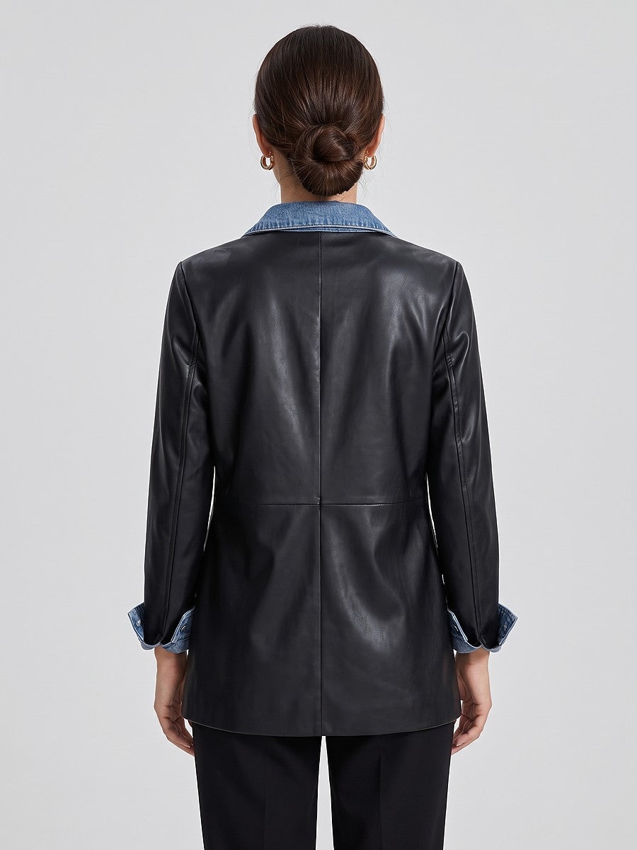 Women's Faux Leather Denim Panel Fall Jacket