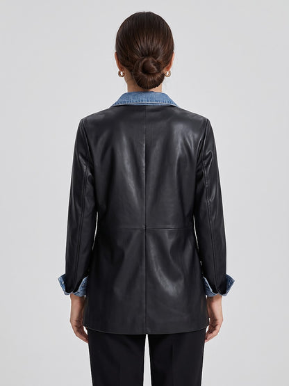 Women's Faux Leather Denim Panel Fall Jacket