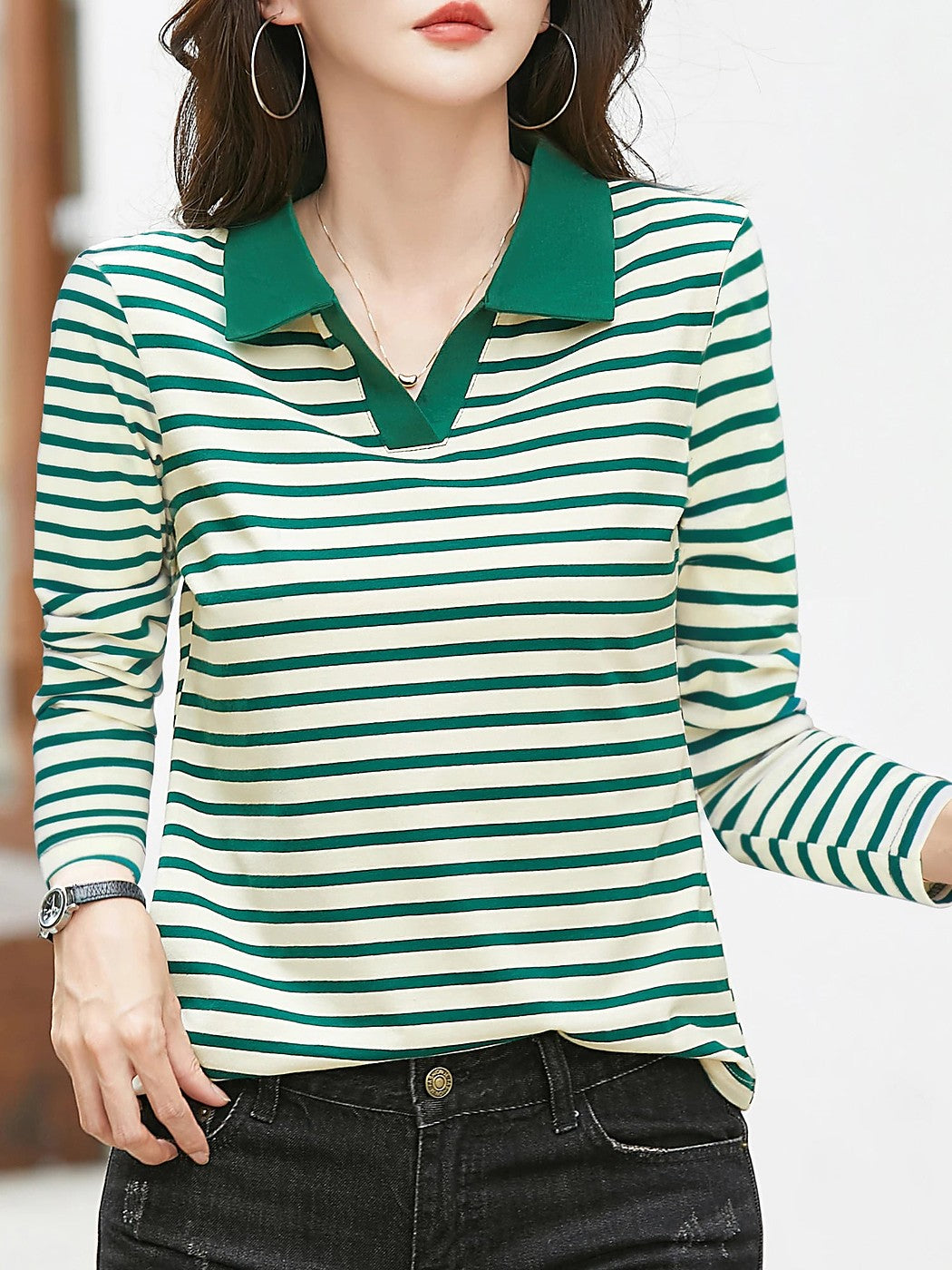 Women's Striped Rugby Shirt Contrast Collar