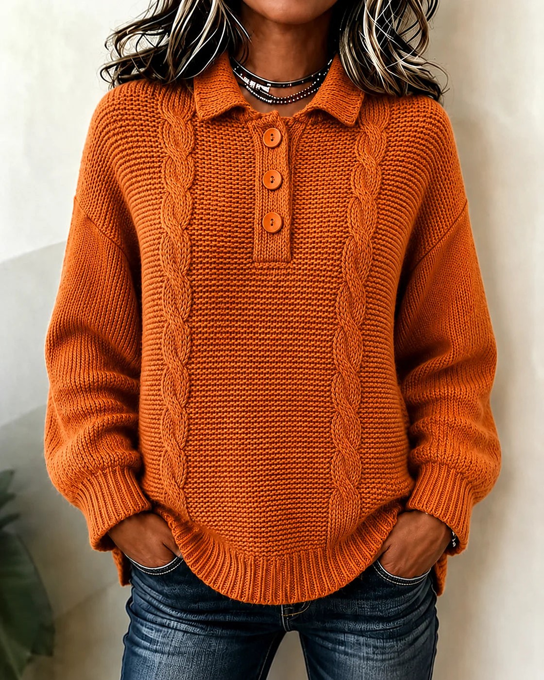 Women's Cable Knit Polo Sweater Button Placket