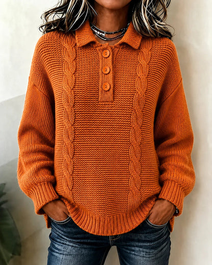 Women's Cable Knit Polo Sweater Button Placket