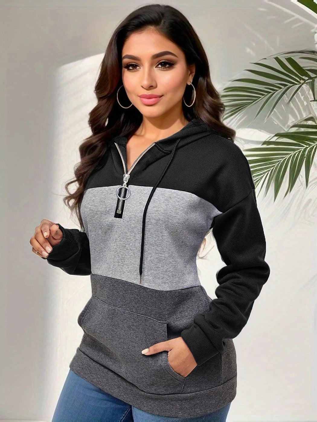 Women's Color Block Fleece Hoodie Kangaroo Pocket