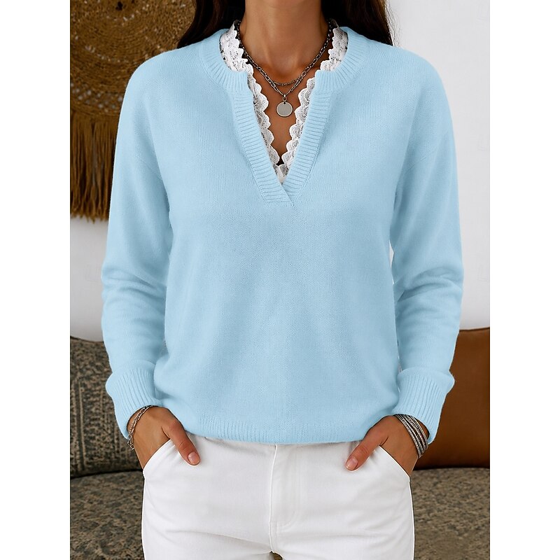 Women's Lace Trim Ribbed V Neck Top