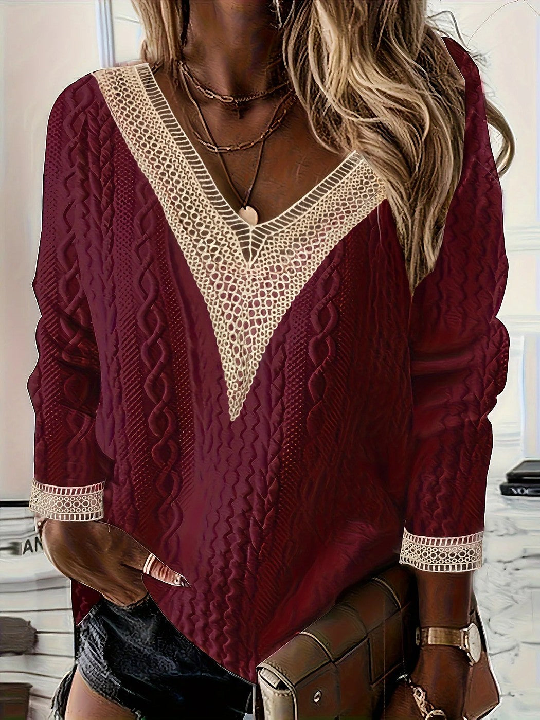 Women's Cable Knit Crochet V Neck Pullover