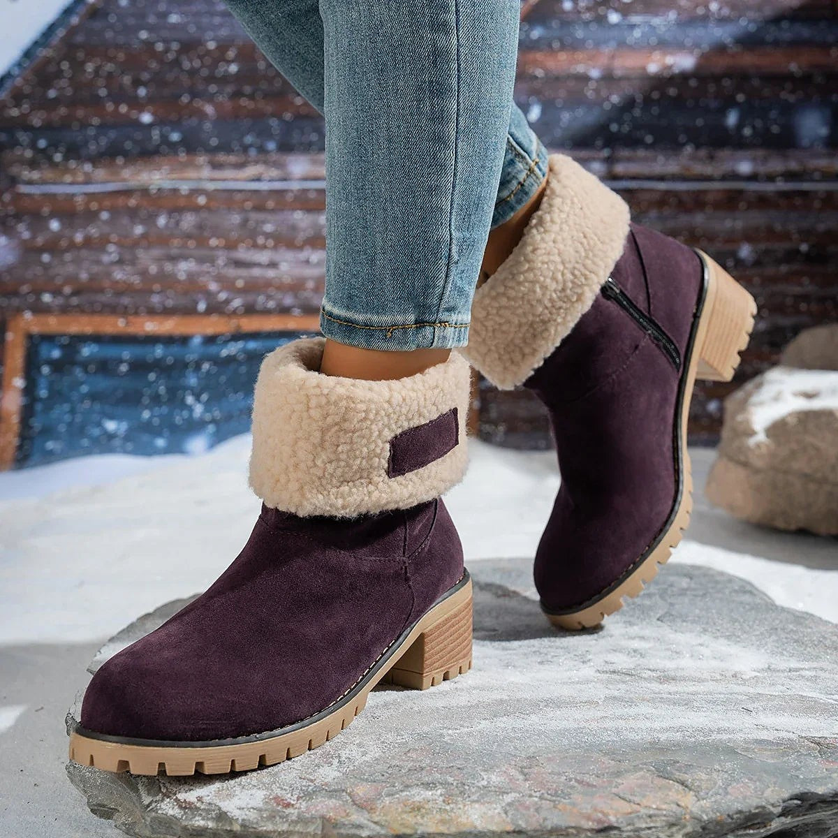 Women's Sherpa Collar Warm Block Heel Boots