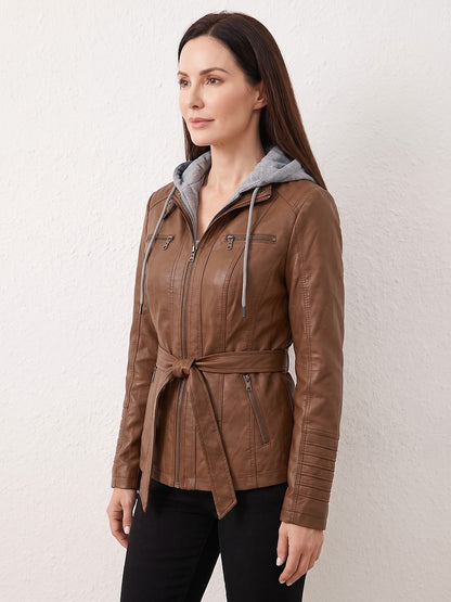 Women's Faux Leather Jacket Removable Hood