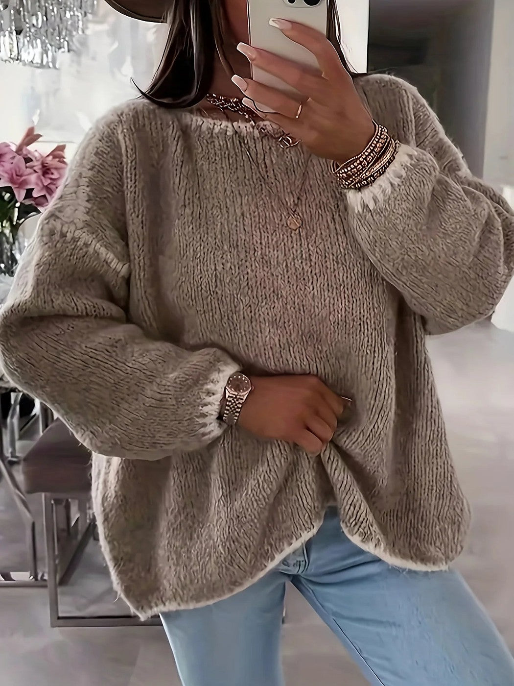 Women's Oversized Fuzzy Crewneck Sweater Contrast Cuffs