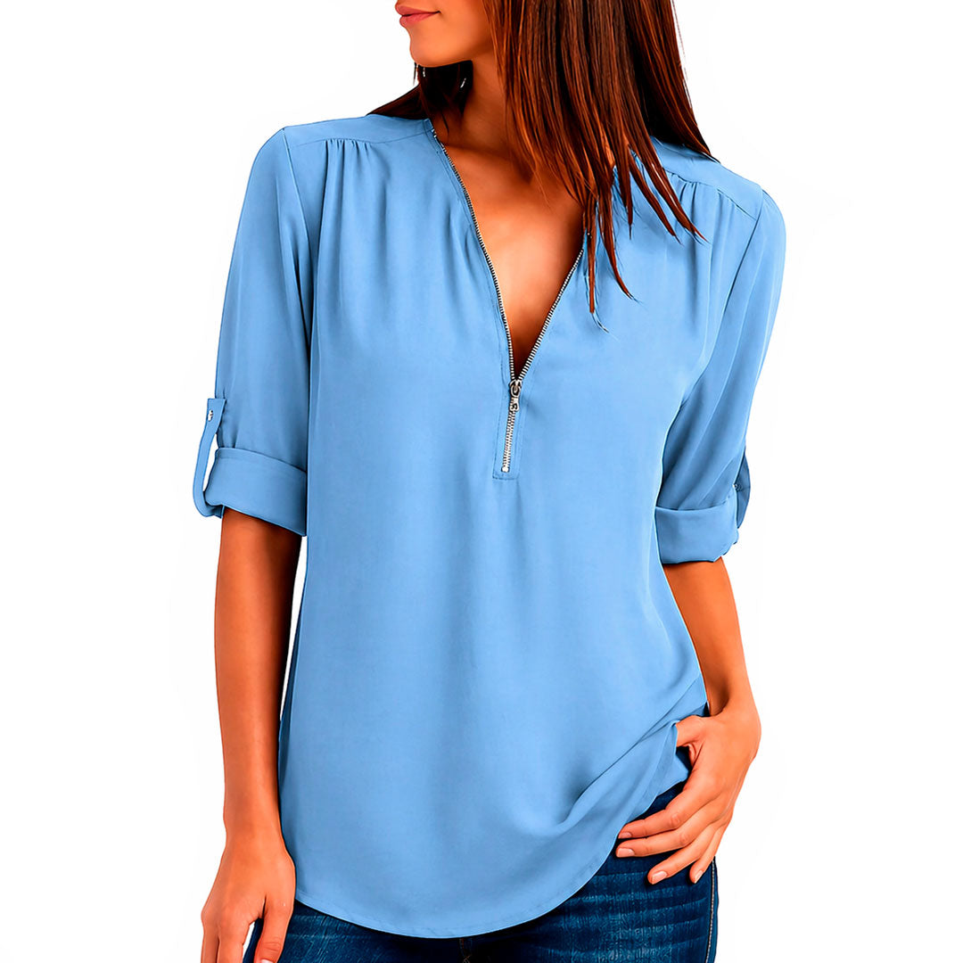 Damen V-Ausschnitt Bluse mit Reißverschluss Jully