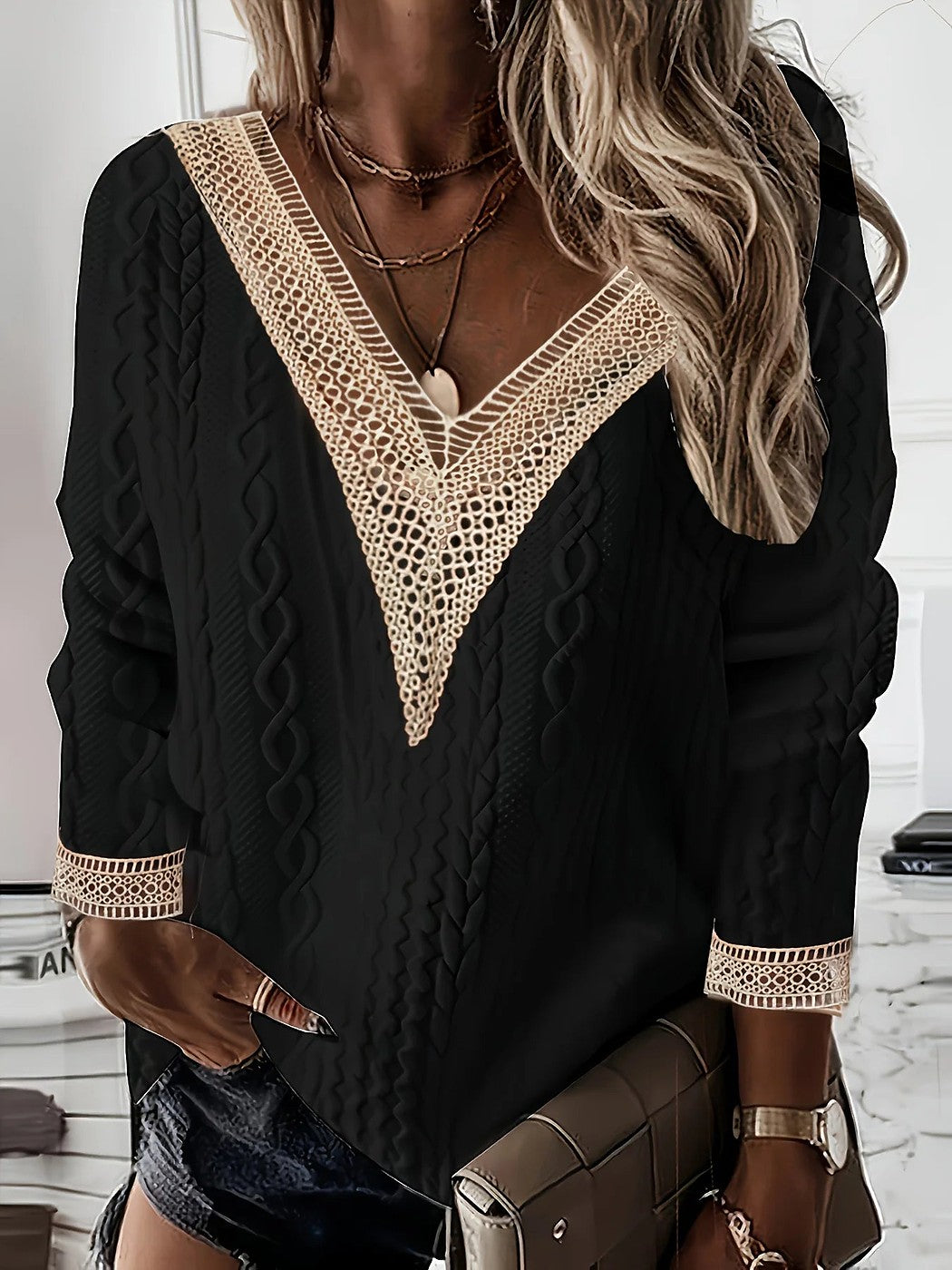 Women's Cable Knit Crochet V Neck Pullover