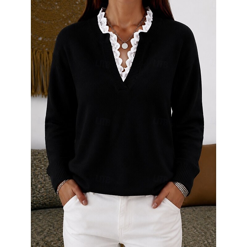 Women's Lace Trim Ribbed V Neck Top