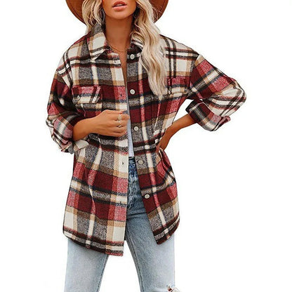 Women's Plaid Shacket Button Front Chest Pockets